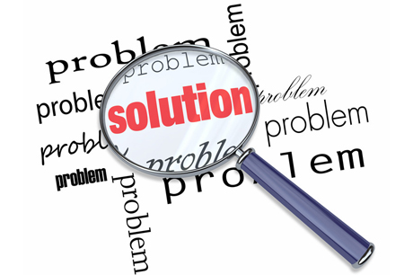 Graphic showing magnifying glass that highlights the word, "solution" in Problem Solving background