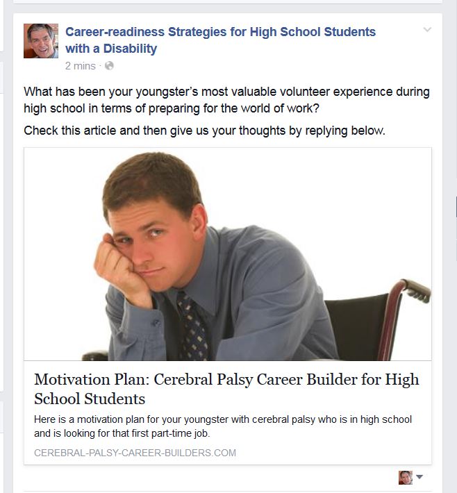 Sample Facebook entry from the Week 6 link above, using the third of the three potential discussion questions. Photo shows high school boy, sitting in a wheelchair and looking rejected.